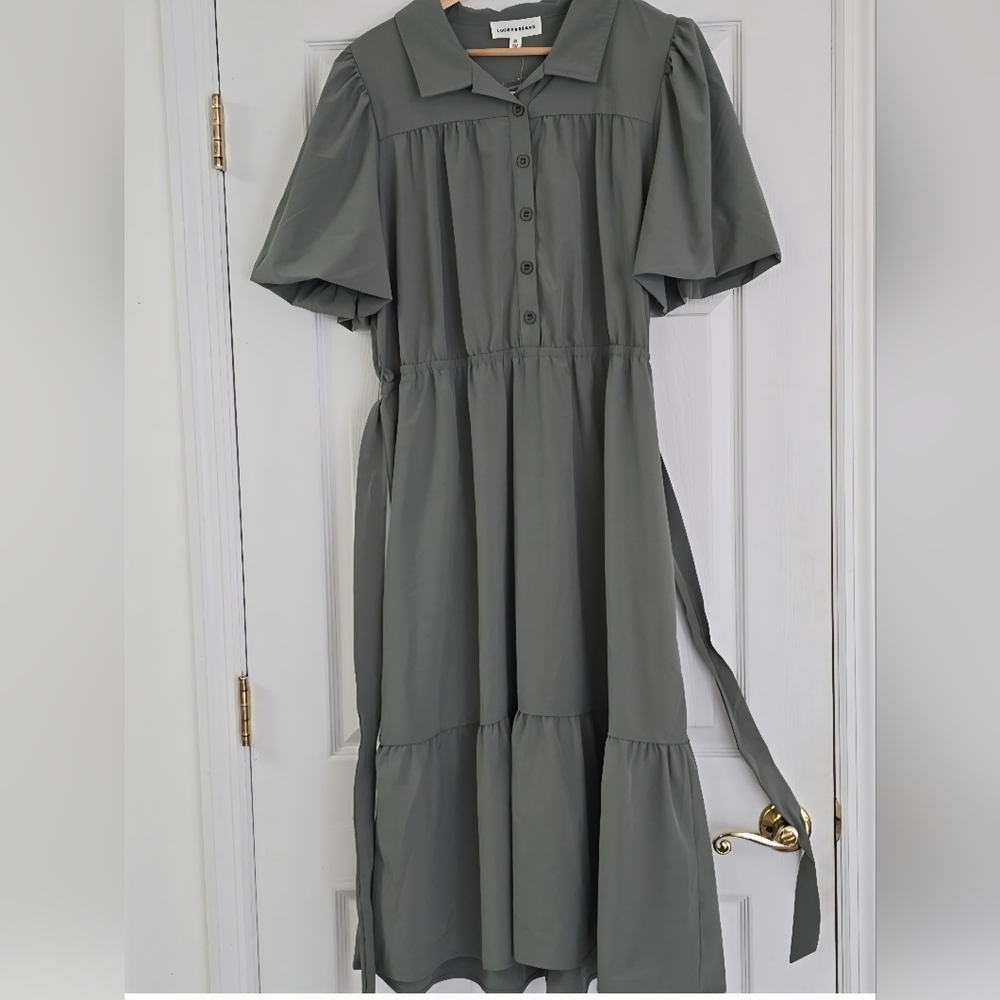 Lucky Brand SMOKEY Olive Green Maxi dress with Belt Sz L - Picture 2 of 3